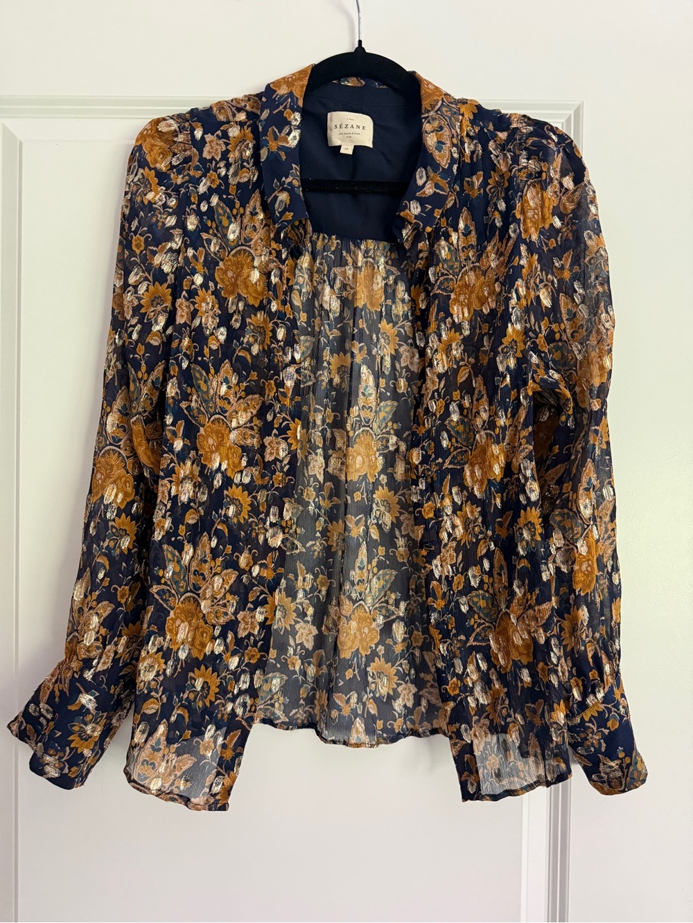 SÉZANE Navy & Gold Metallic Floral Semi-Sheer Silk Tianna Blouse